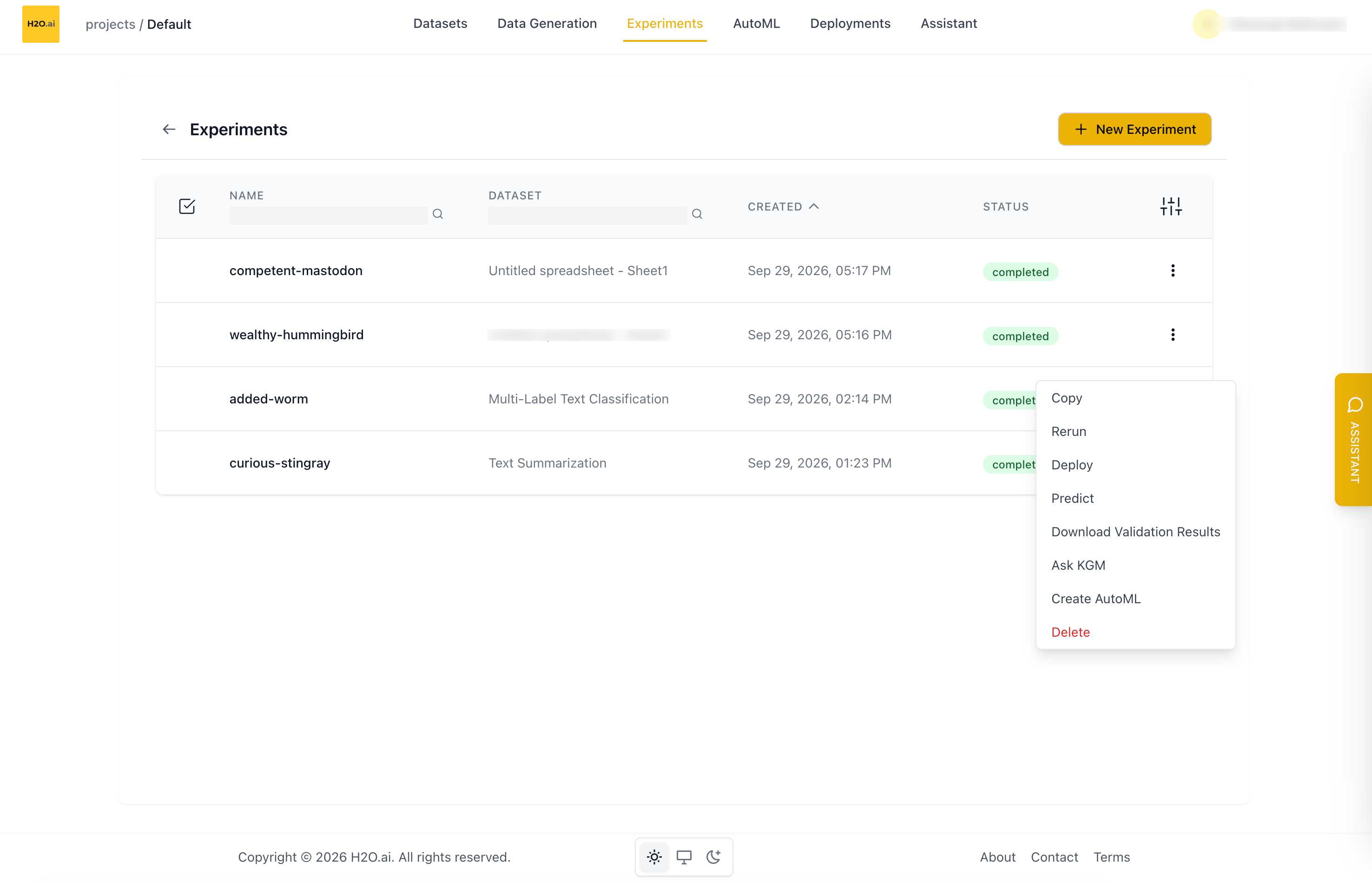 Experiment list with a row's action menu open, showing Copy, Rerun, Deploy, Predict, Download Validation Results, Ask KGM, Create AutoML, and Delete