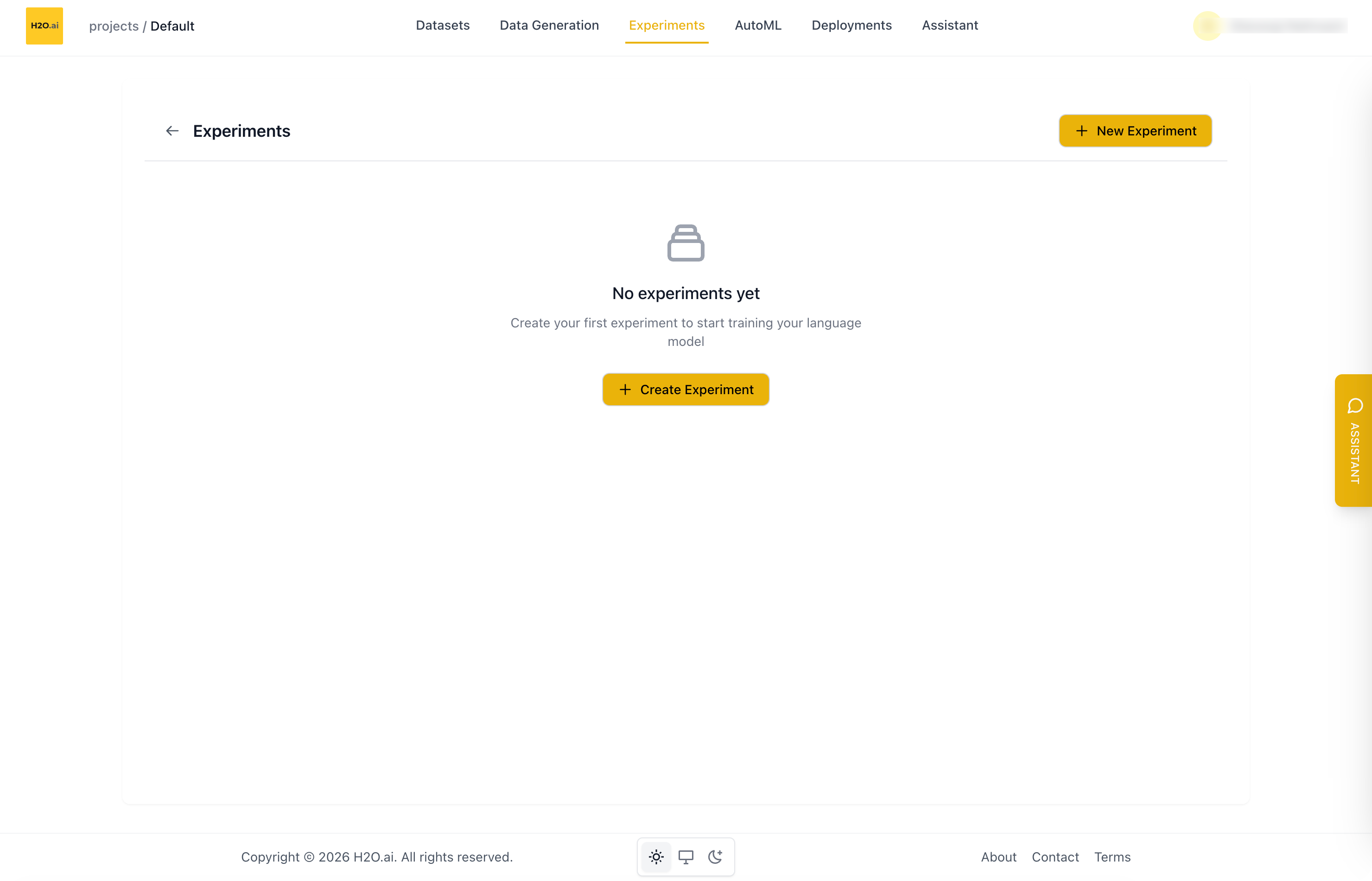 Experiments page empty state with the Create Experiment button
