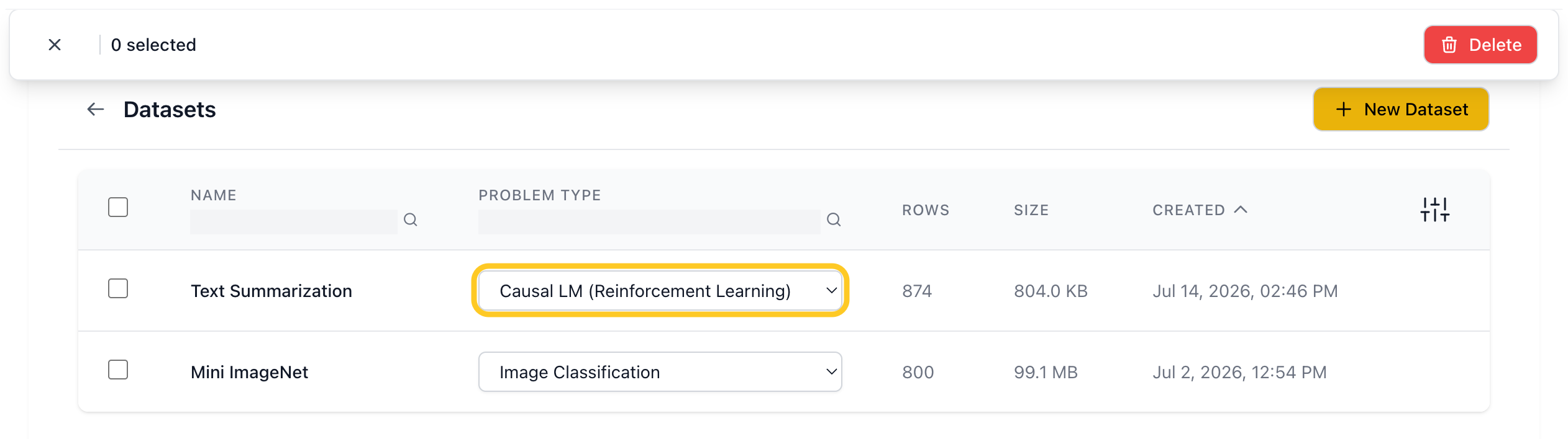 Problem Type dropdown set to Causal LM (Reinforcement Learning)