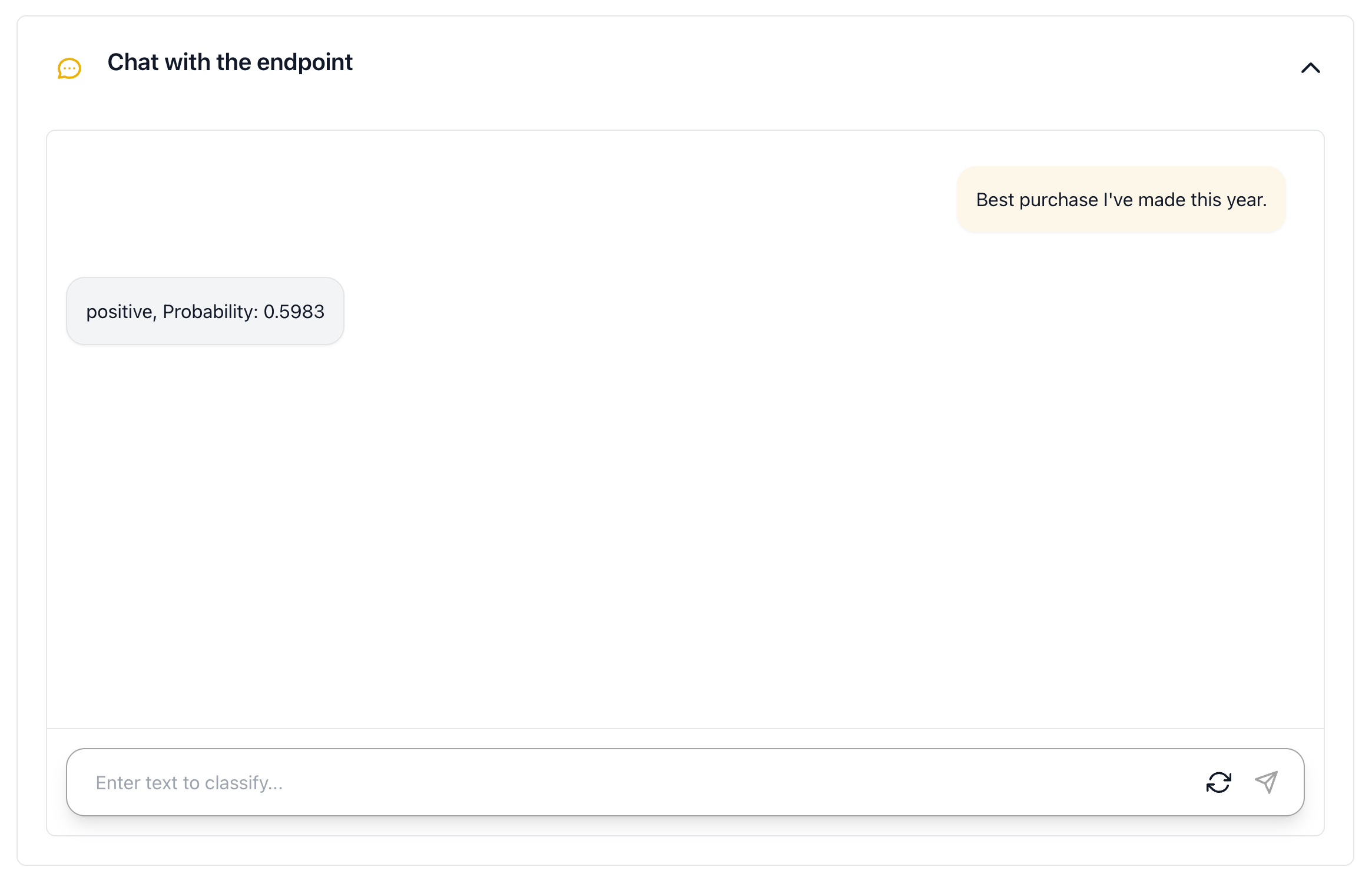 Deployment chat window showing a predicted label and its probability