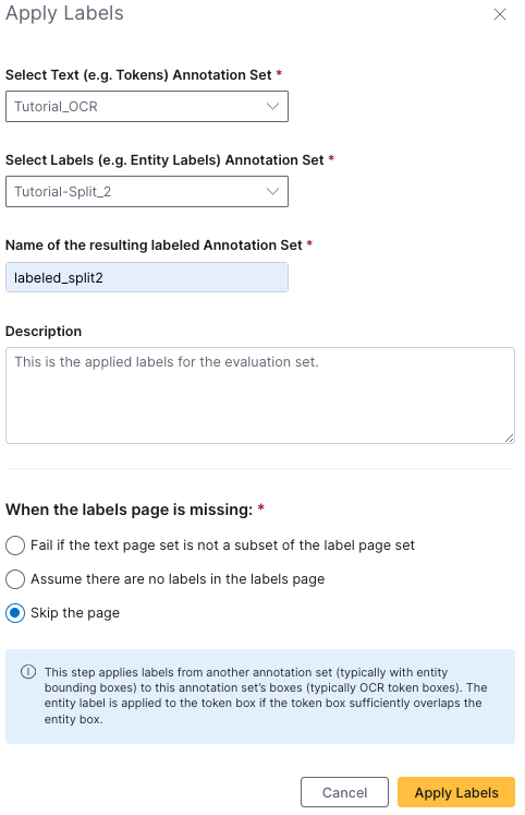 The labeled split annotation set panel for the evaluation annotation set. The description reads: &quot;This is the applied labels for the evaluation set.&quot;