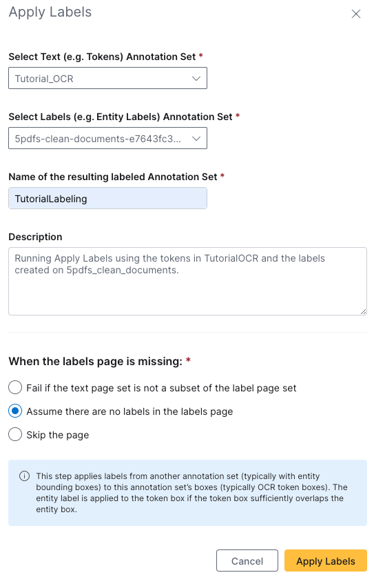 Apply Labels launch panel. Has fields for selecting OCR set and labels set, providing the resulting name, adding a description, and what should be done when a labels page is missing. Gold Apply Labels button in the bottom right corner.