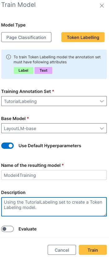 Train Model launch panel. Has fields for selecting your model type, choosing your training annotation set, toggling whether to specify batch size and epochs, providing the name of the resulting model, providing a description, and toggling whether to provide a validation annotation set to evaluate the model. Gold Train button in the bottom right corner.