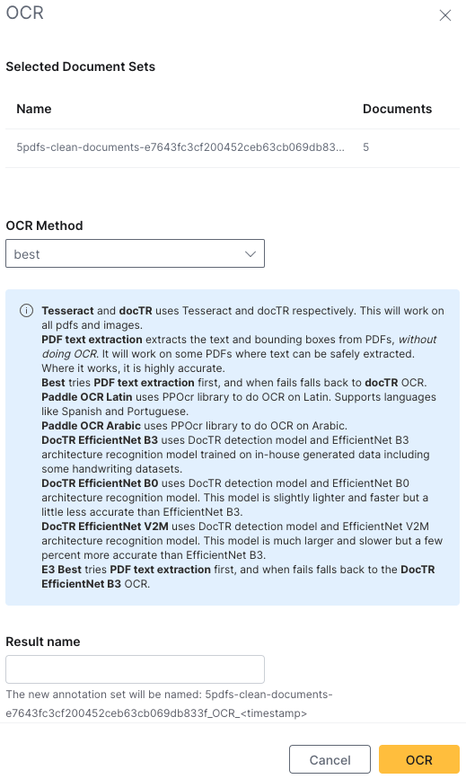 OCR launch page where you select your OCR method and provide a resulting name. Gold OCR button in the bottom right.