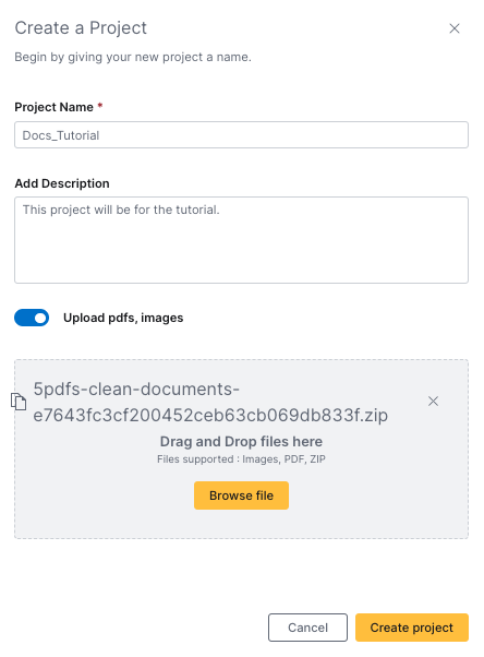 Create Project launch panel with fields to provide a name, description, and a zip file with your images. Gold create project button at the bottom right.
