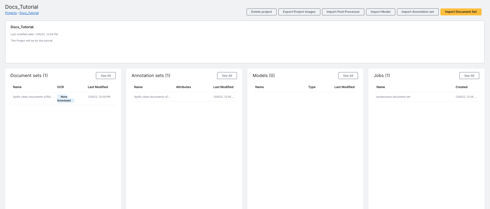 Project Main Page. Shows the following Project panels: Document sets, Annotation sets, Models, and Jobs. The top navigation bar is populated with options for your project.