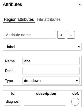 Region attributes on the attributes panel. Has a field to provide a name for the attribute type, a name id, a description, and lets you choose the type of attribute list (option shown here is drop-down).