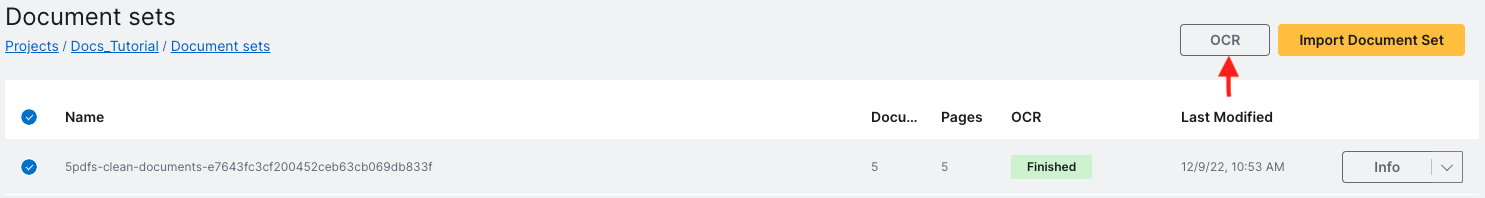 Shows how to access OCR panel by selecting your Document set to make the OCR button available.
