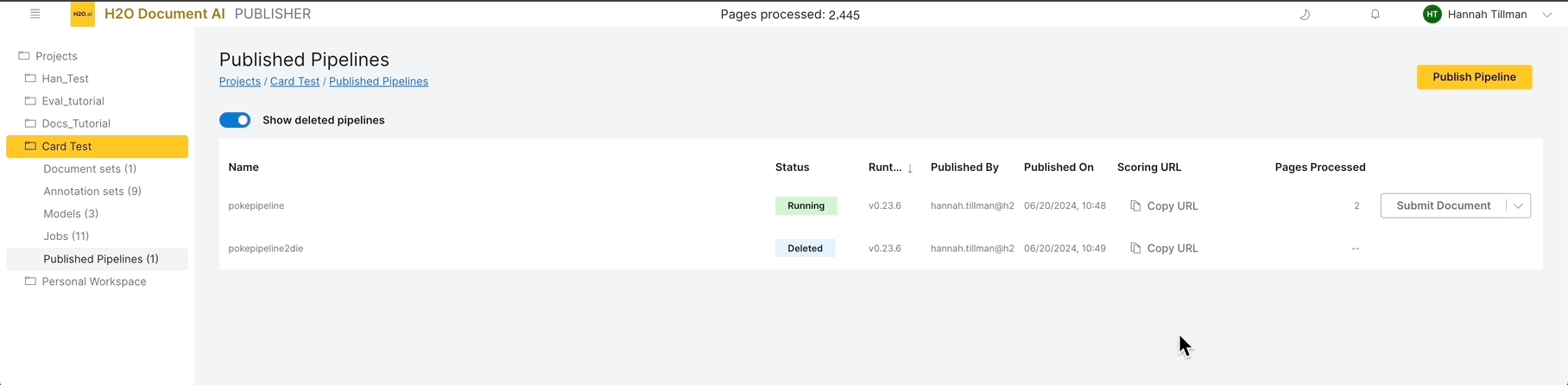 Gif showing how to submit a new file to be scored to a published pipeline. Also shows how to access the scored document from the background processes.