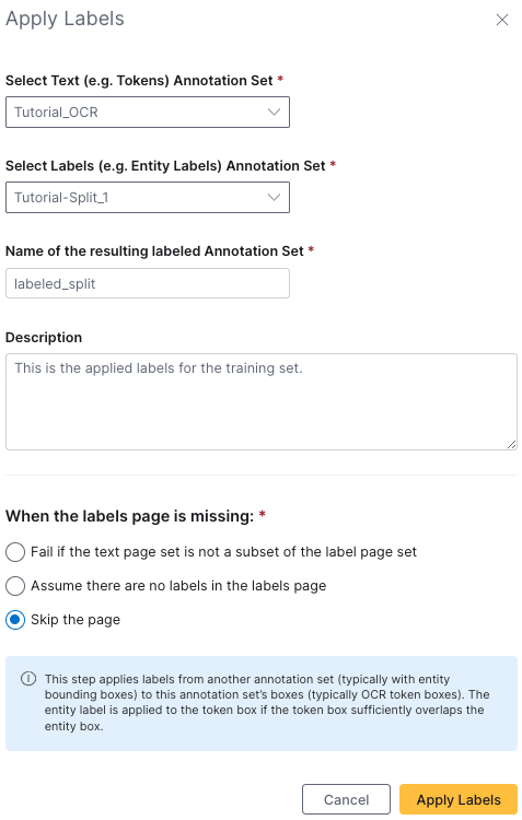 The labeled split annotation set panel for the training annotation set. The description reads: &quot;This is the applied labels for the training set.&quot;