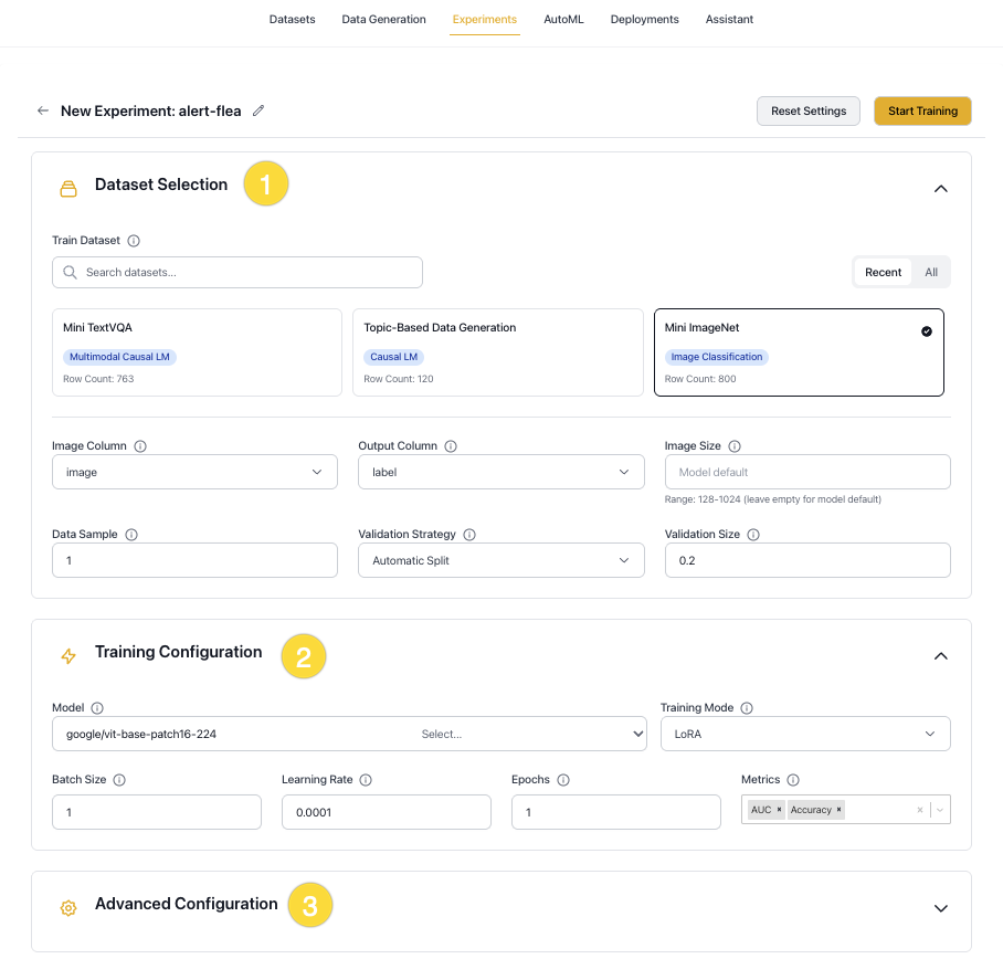 Experiment Creation Dialog