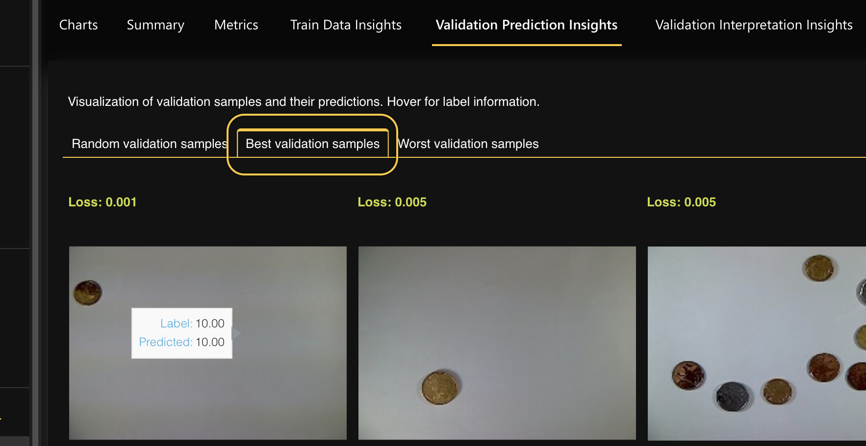 Validation prediction samples tab with Best validation samples tutorial-1a