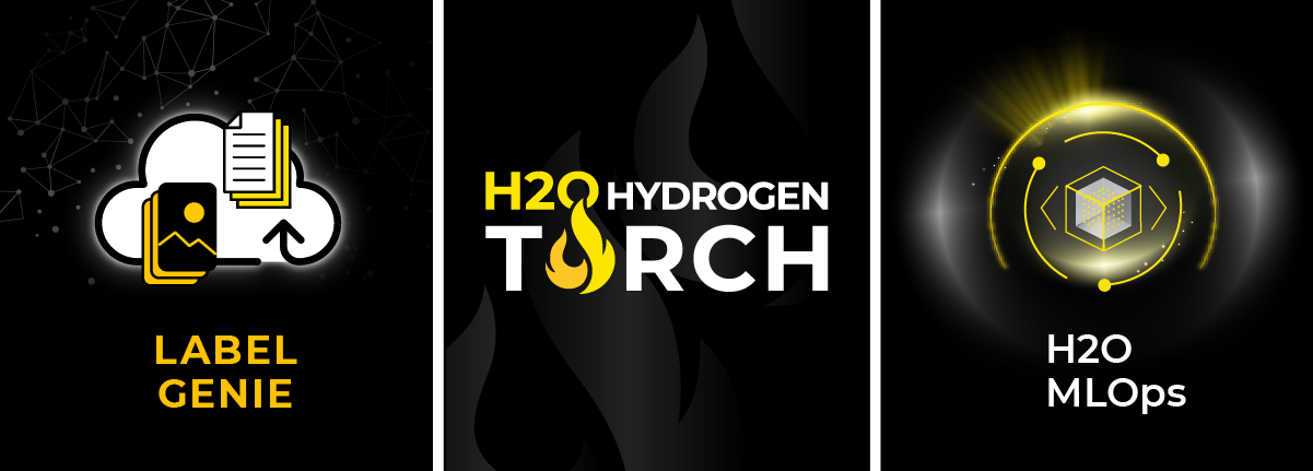The logos of H2O Label Genie, H2O Hydrogen Torch, and H2O MLOps