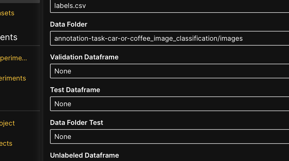 Settings for the imported annotated dataset