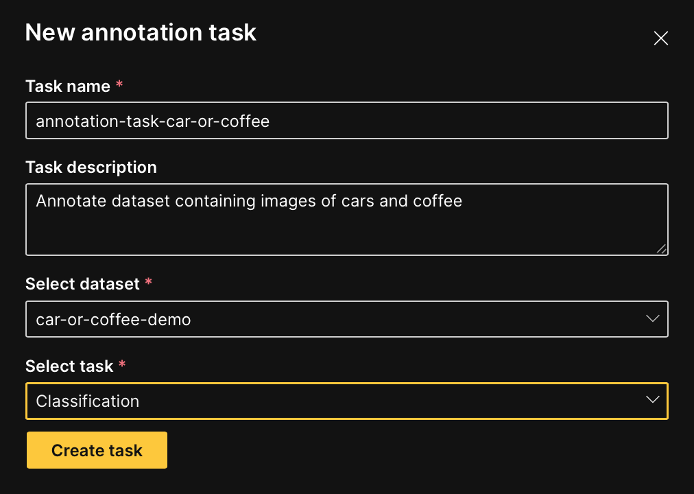 Creating a new annotation task panel