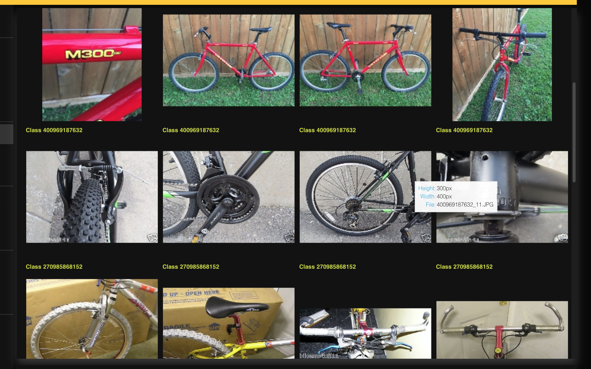 Sample train visualization tab displaying images from the bicycle_image_metric_learning dataset