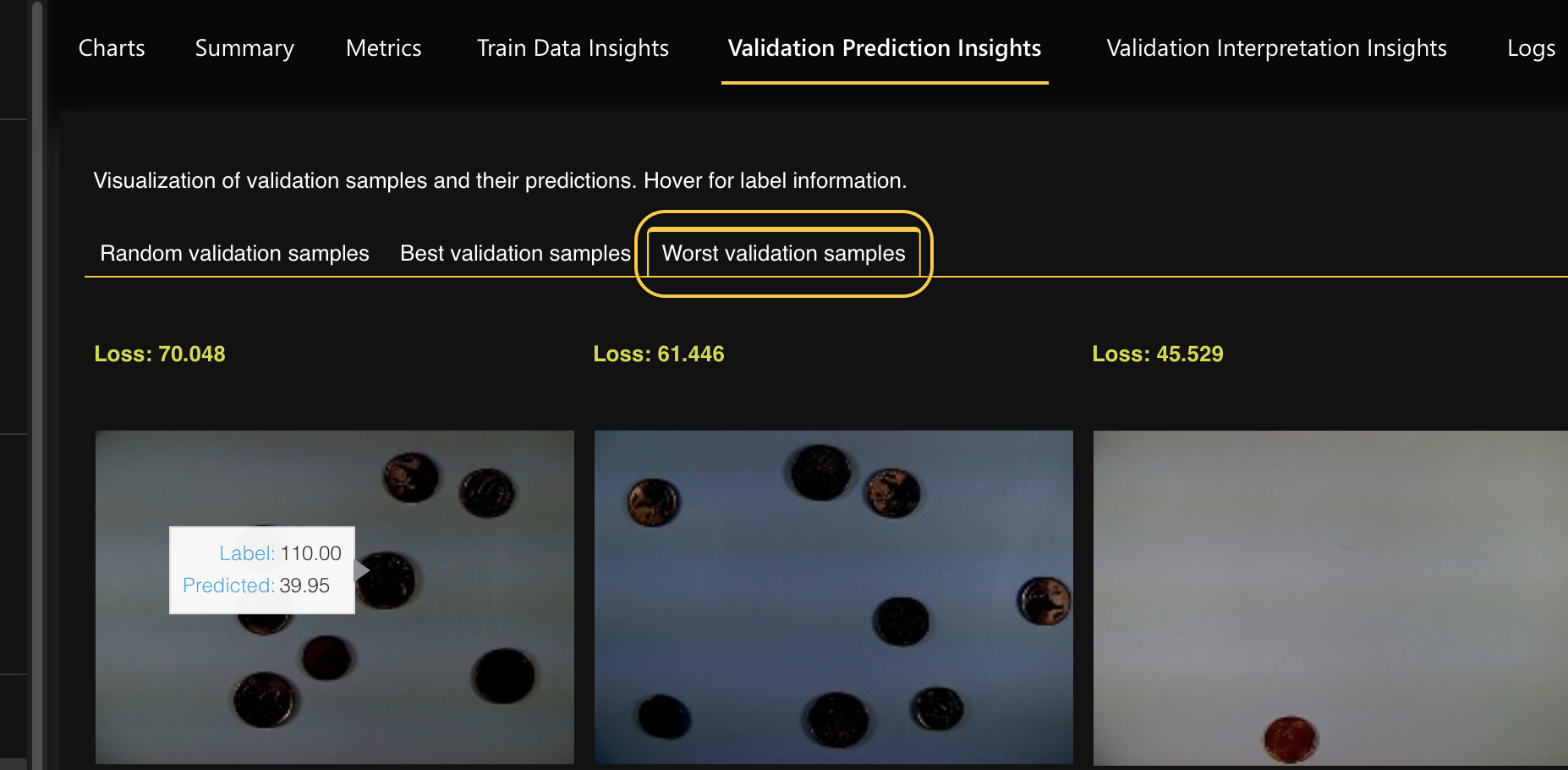 Validation prediction samples tab with Worst validation samples tutorial-1a