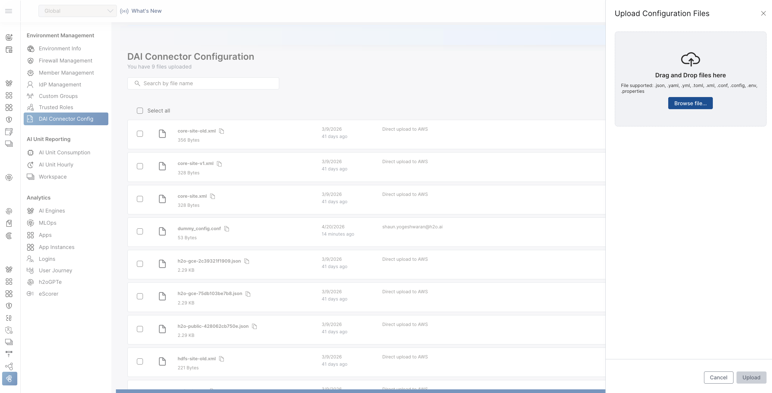 Upload Configuration Files side panel