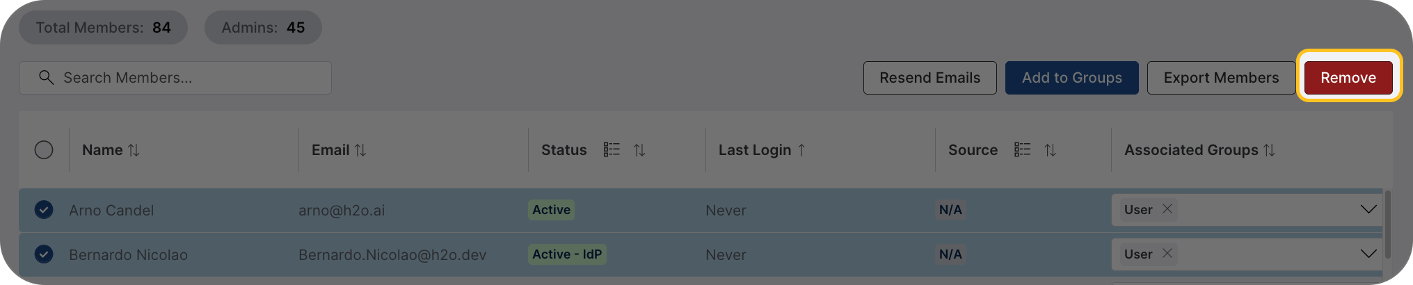 Remove from groups dialog