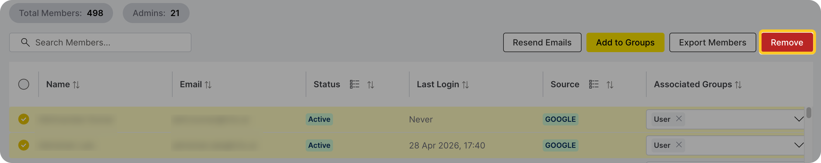 Remove from groups dialog