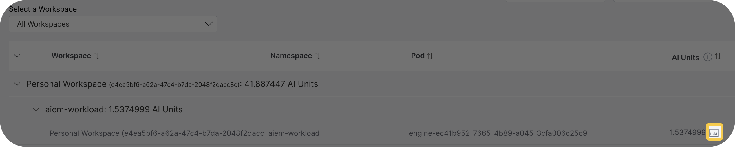 Detailed usage popup