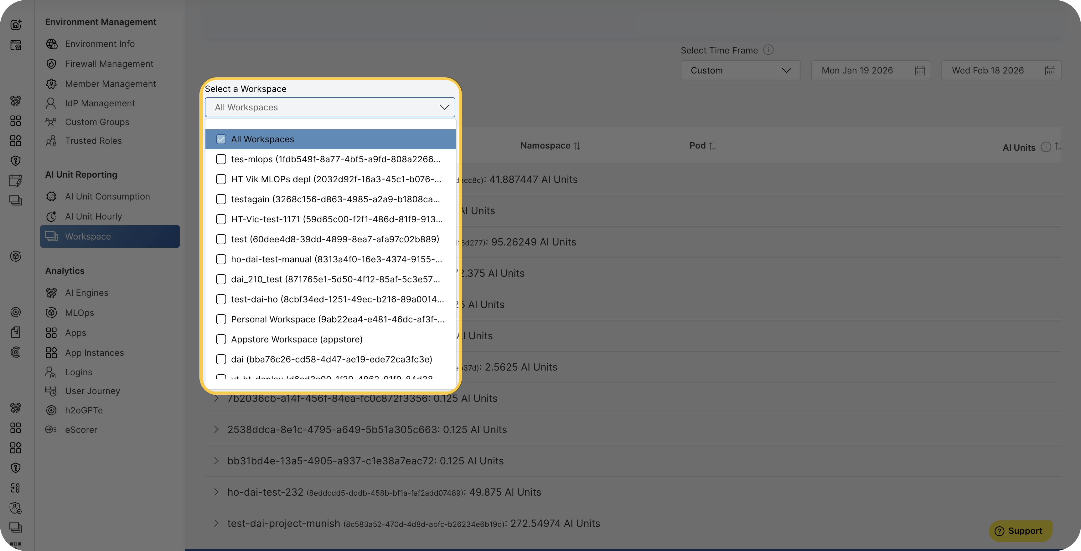Workspace selection dropdown