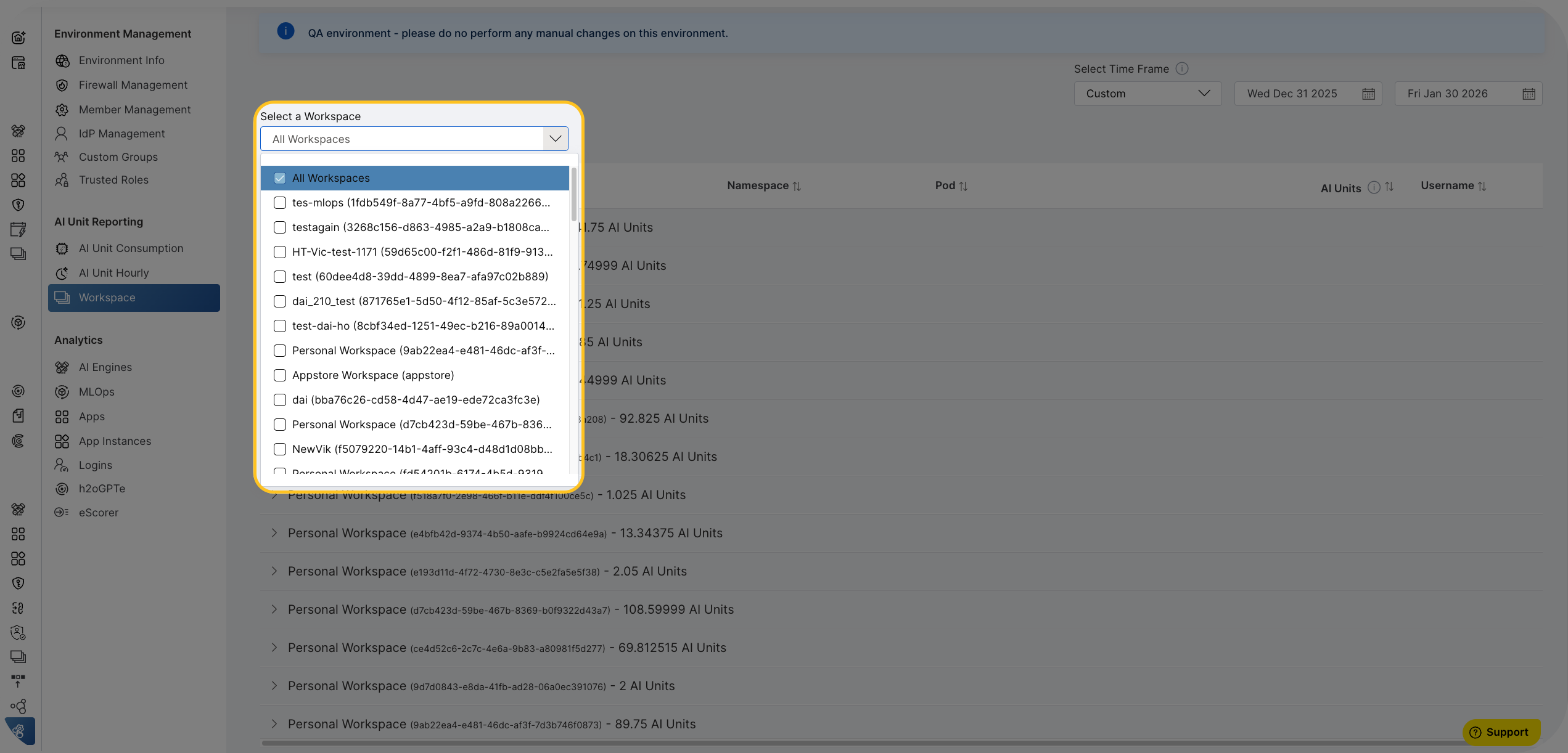 Workspace selection dropdown
