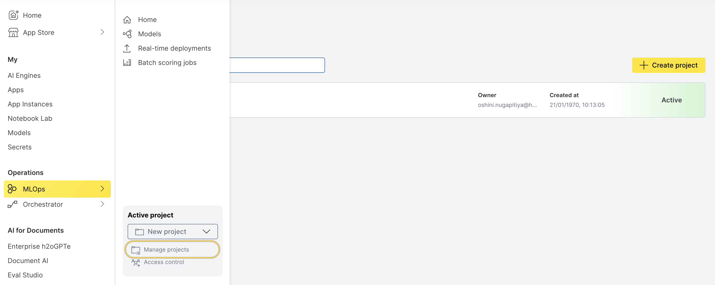 Manage projects button