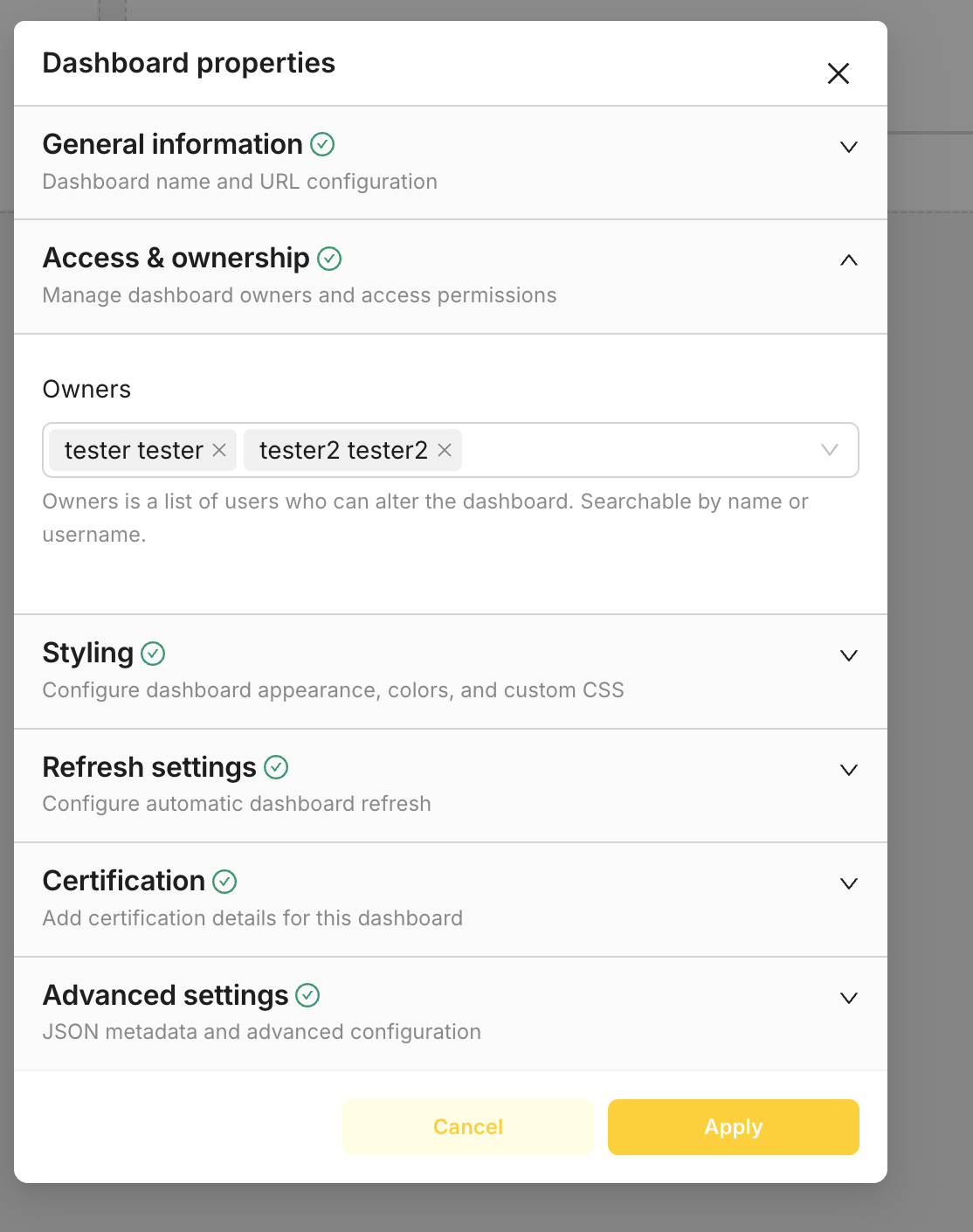 Add a user under Access &amp; ownership in Dashboard properties