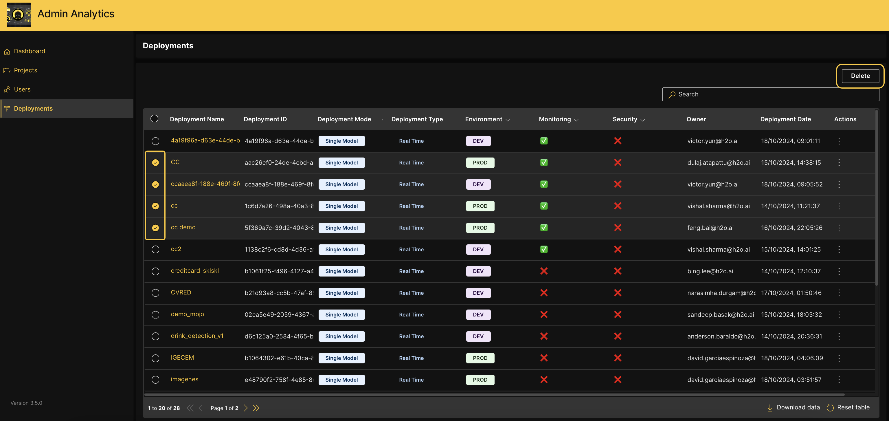 Delete multiple deployments