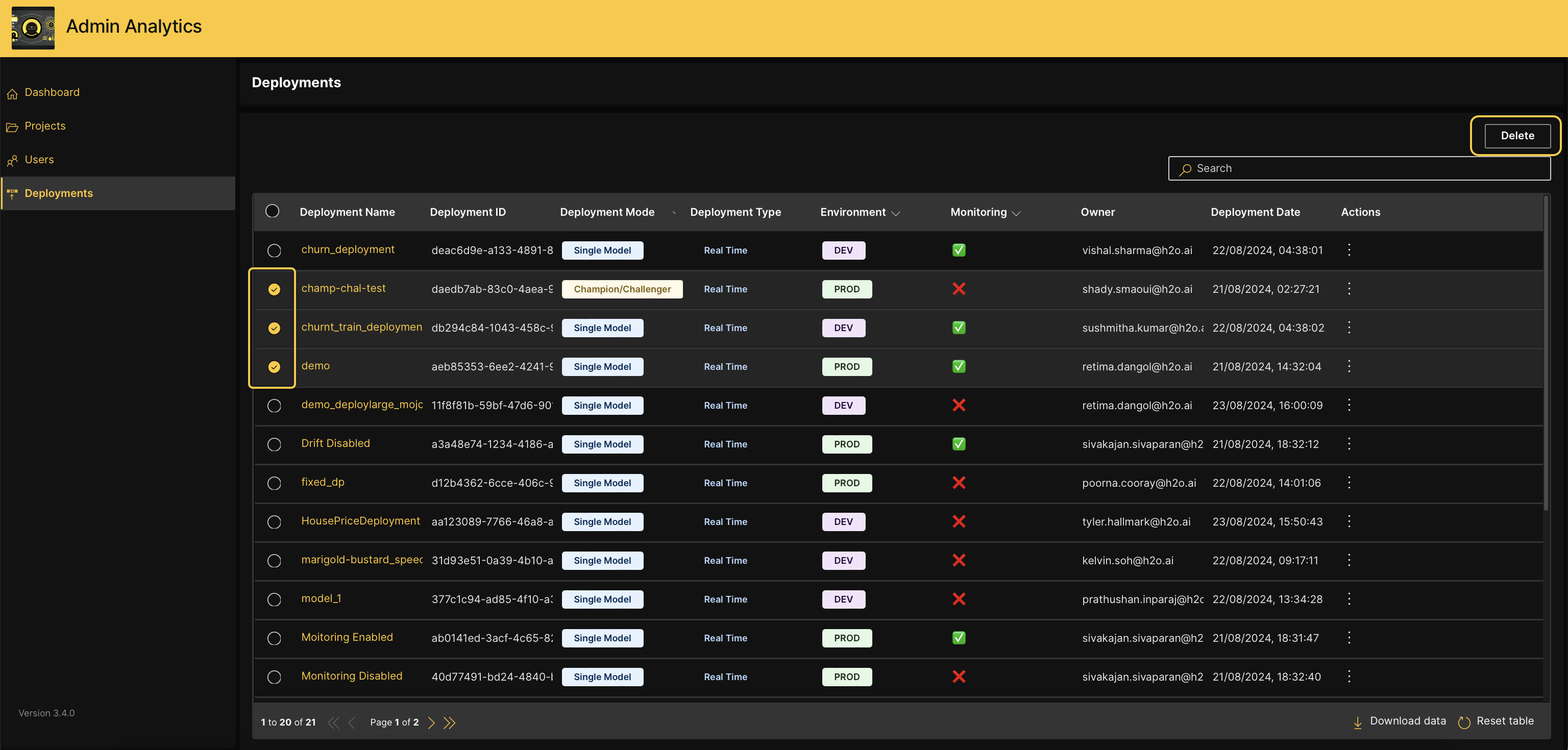 Delete multiple deployments