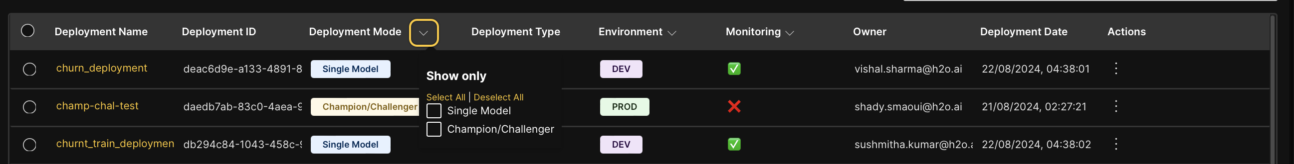 Filter by deployment