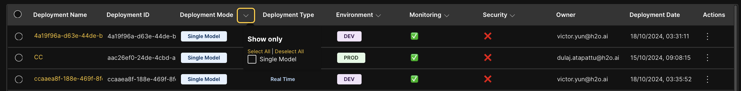 Filter by deployment