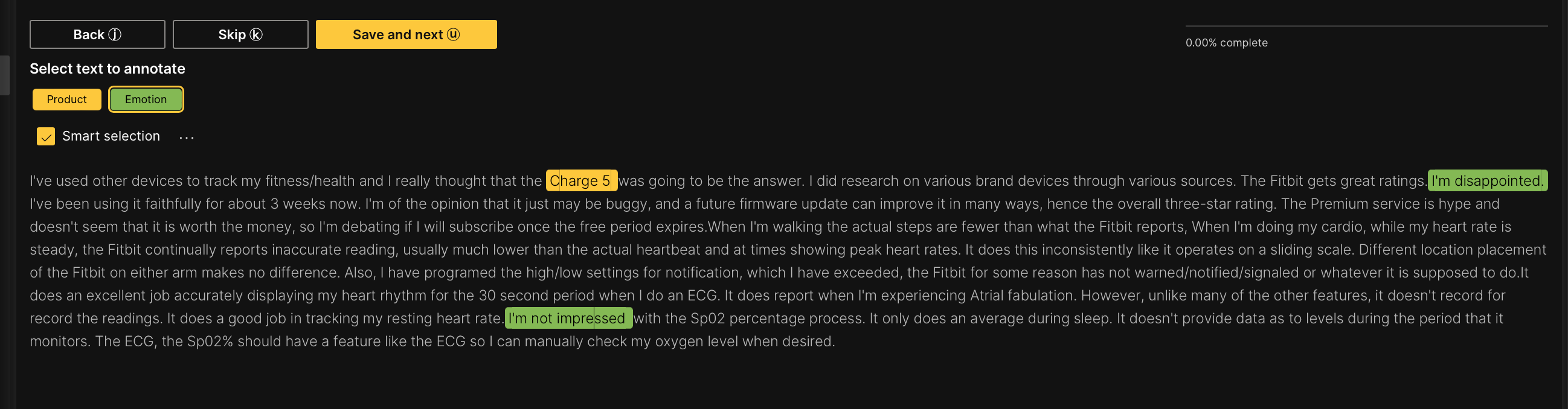 Annotated dataset of phrases with entity attributes of Product or Emotion