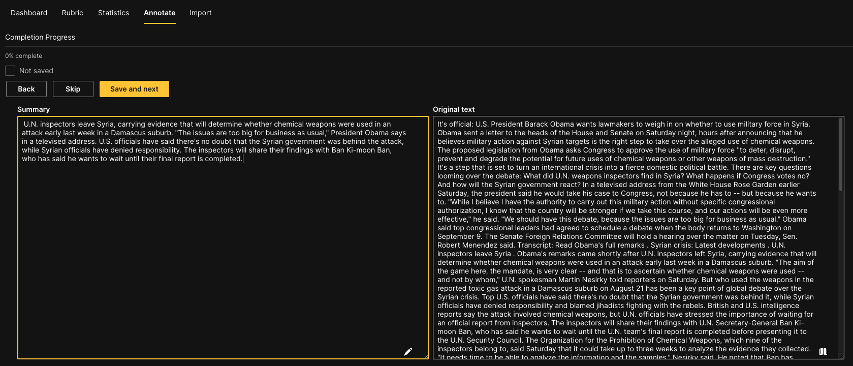 Annotation task progress with summary and text