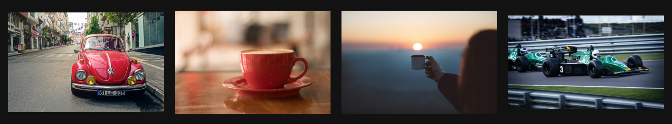 Multiple objects: Leftmost side is a parked red volkswagen vehicle, to the right is a red cup of coffee, next object is a mug raised with a sunrise as background, the rightmost object is Formula 1 race car