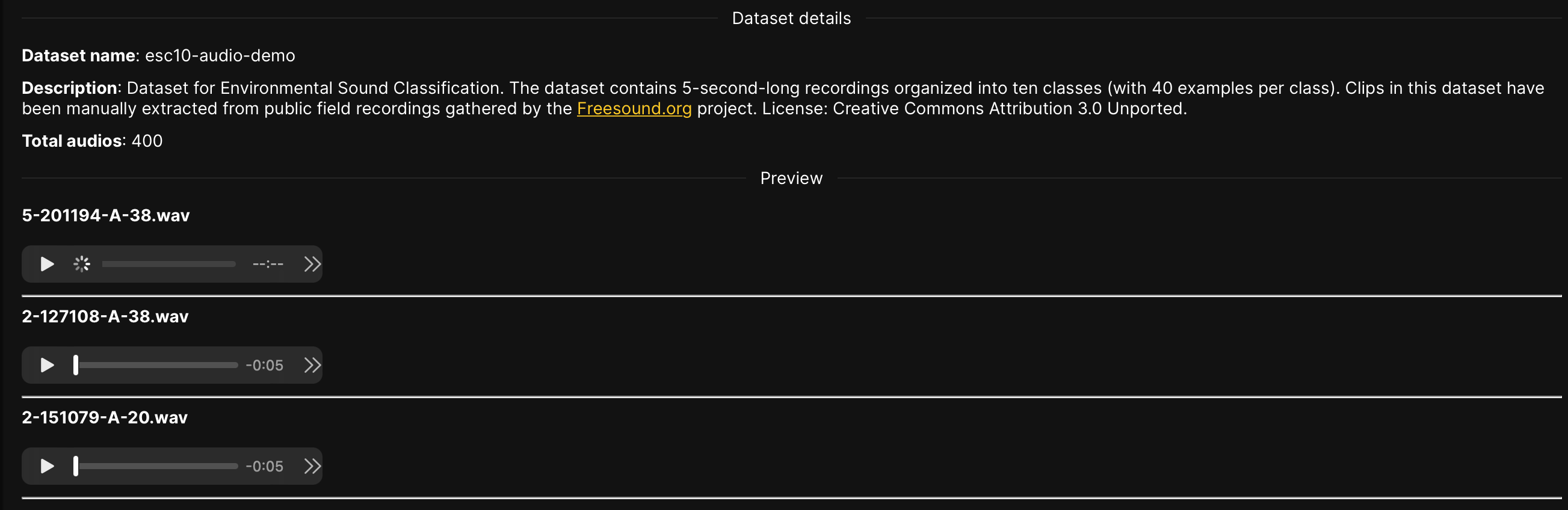 Dataset details esc10-audio-demo recordings of 5 seconds each